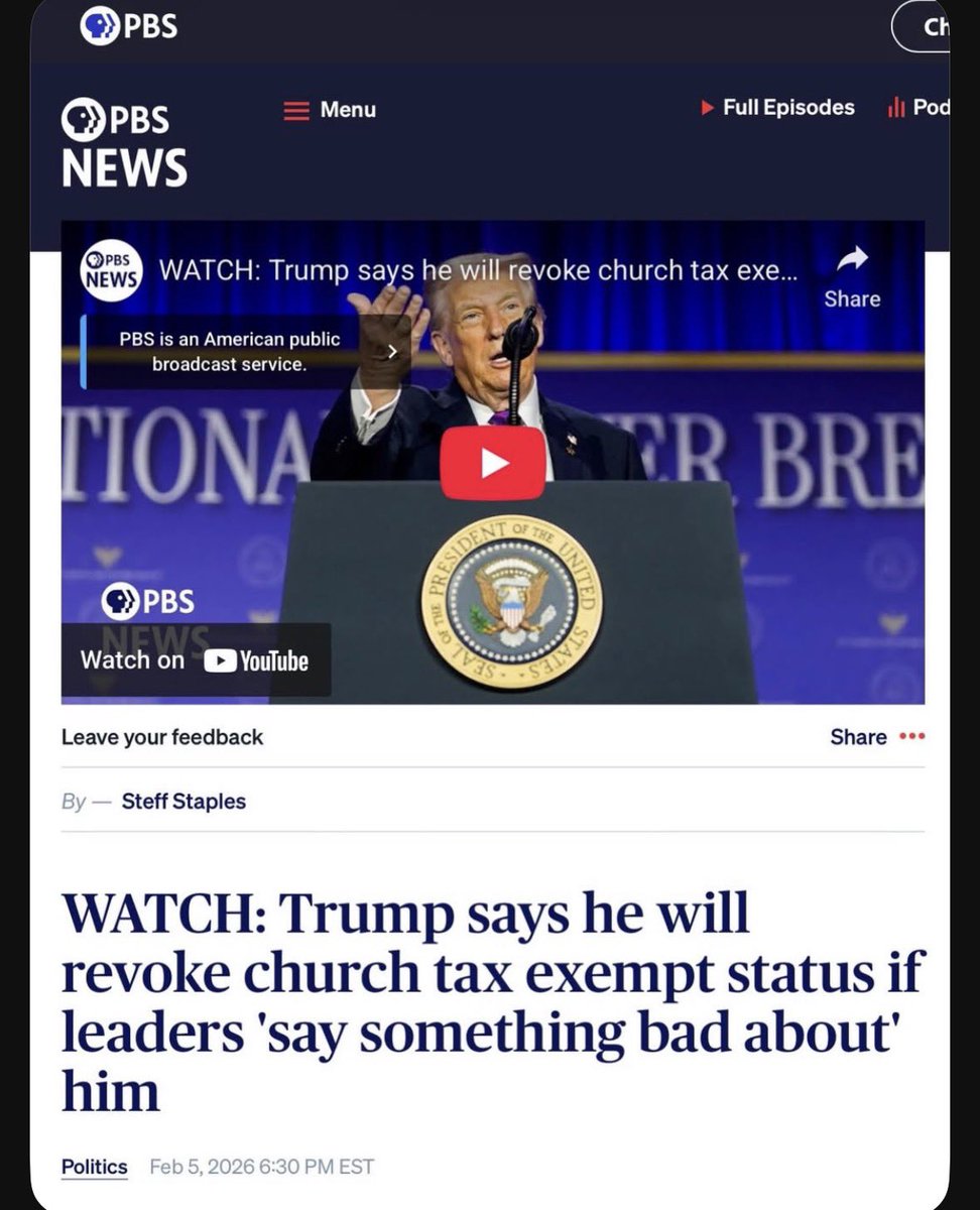 Apparently, now you can only be a legal church … if you speak well of an orange pedophile and rapist. 

Congrats Evangelicals, your transformation from willing accomplice to chained submissive is now complete. 

pbs.org/newshour/polit…