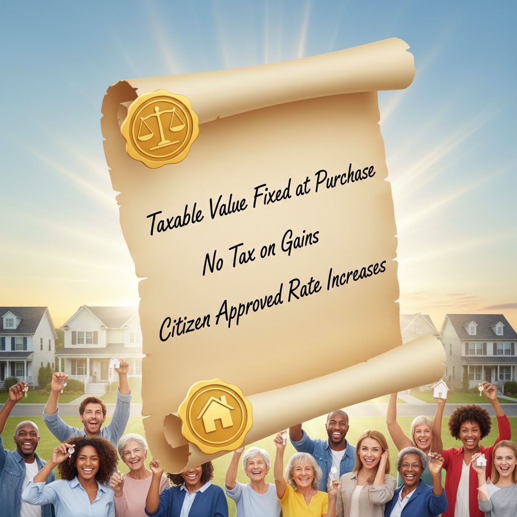 Prosperity_4_US's tweet photo. Rising property taxes are taxing Americans out of their homes by treating unrealized home gains like a wealth tax. The @Prosperity_4_US  Solution: Lock in taxable value at purchase, reset only on sale, require voter approval for rate hikes.  Restore the American Dream! https://t.co/8sZrxibtjF