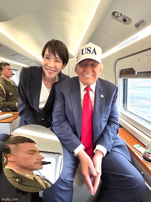 Trump and Sanae Takaichi on a train meme