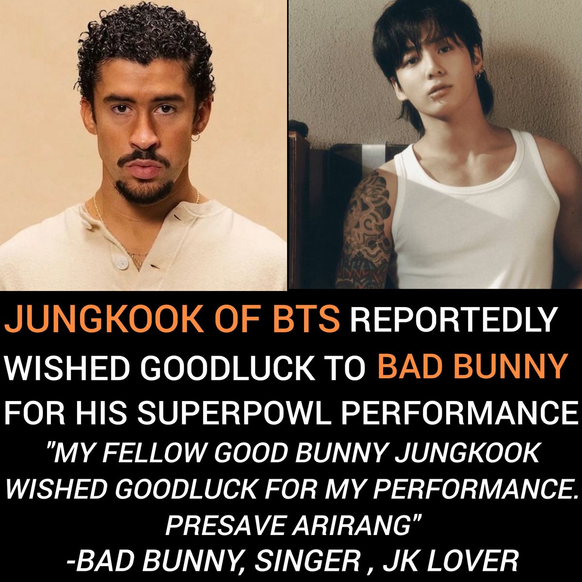 kookyun's tweet image. Bad Bunny urges his fans to presave Arirang on spotify and apple music after Jungkook of BTS wishes him goodluck