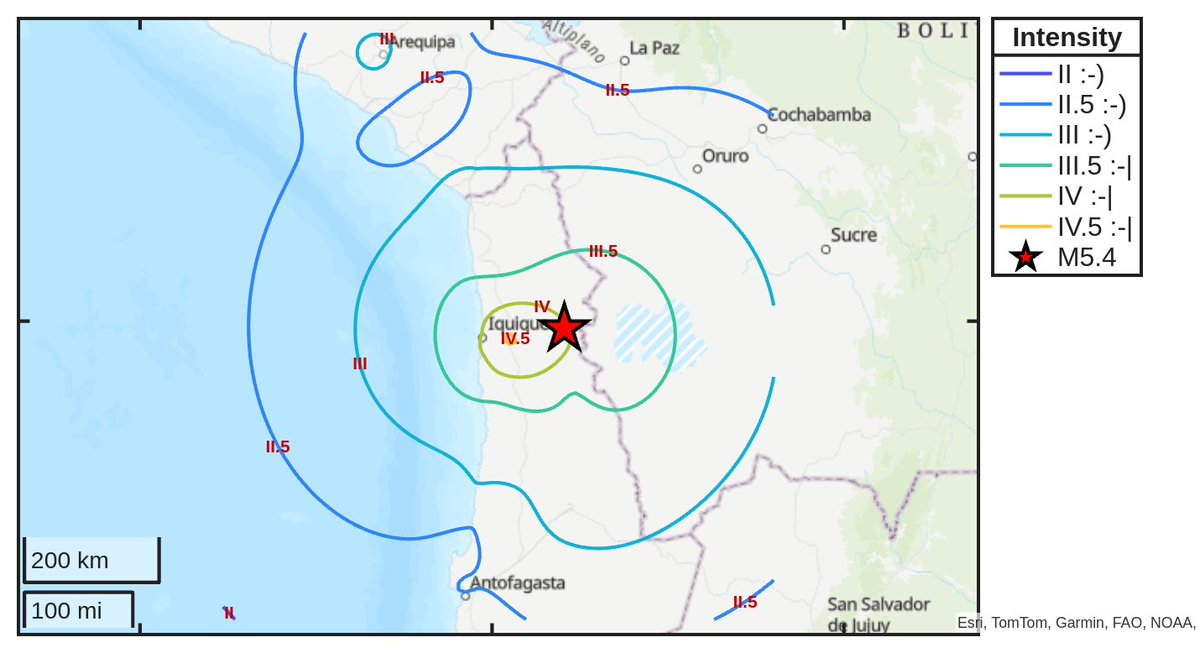 SismoDetector's tweet photo. Mapa de intensidad del #sismo M5.4 ocurrido a las 16:23:56 (UTC) con epicentro a 80 km de #Llica, Bolivia. Descarga la app Sismo Detector desde https://t.co/jS9crK4Riw para recibir alertas en tiempo real en tu smartphone https://t.co/OD5u0VxQiw