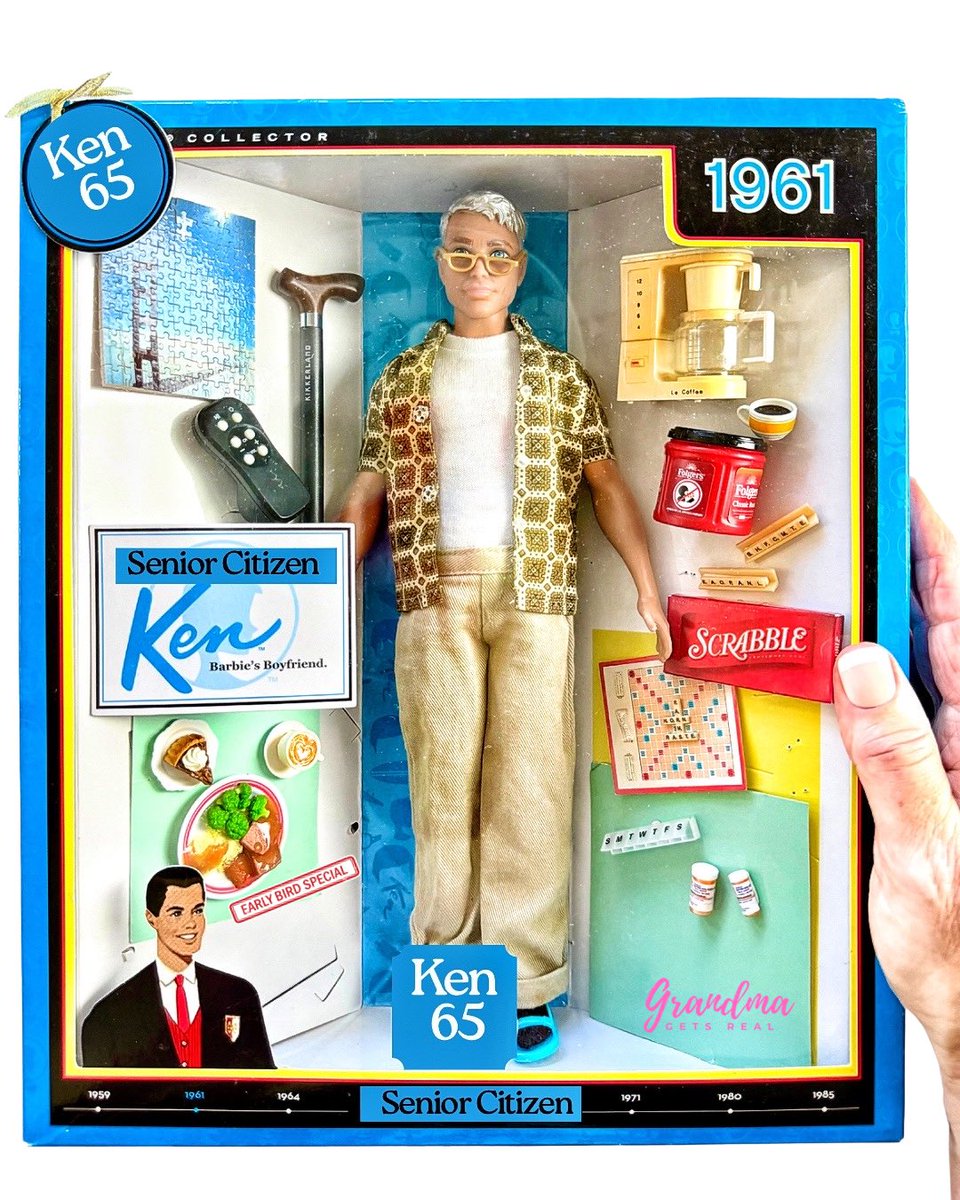 GrandmaGetsReal's tweet photo. While Going Places with Ken is dropping in Expedia’s Super Bowl spot (world travels, flexible joints optional), let me introduce you to Senior Citizen Ken, who’s been there, done that, and has the early bird dinner receipts to prove it! #Ken65 #ParodyDoll https://t.co/aGQnr1vNvT