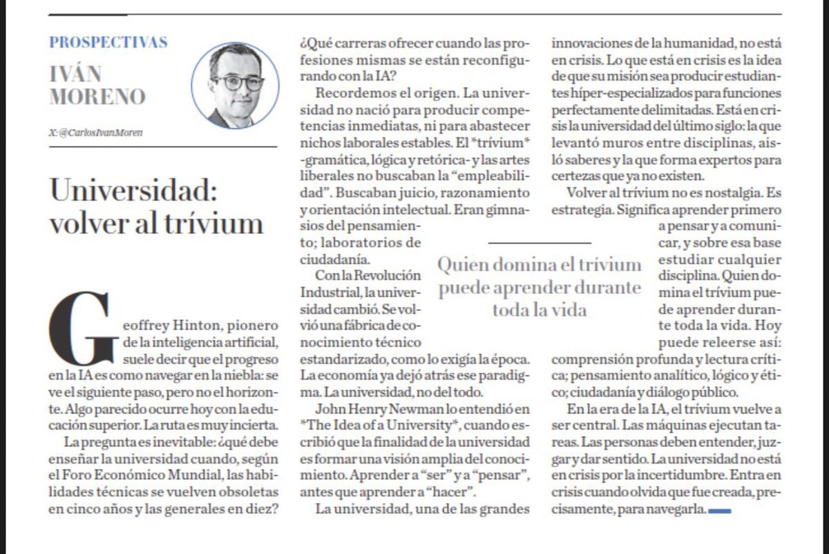 ¿Qué debe enseñar la universidad con una IA que reconfigura las profesiones? 

El autor propone huir de la hiper-especialización técnica,apostar por aprender a pensar, razonar y comunicar para poder aprender durante toda la vida
Gran respuesta
Yo añadiría: Ayudar "crear técnicos"