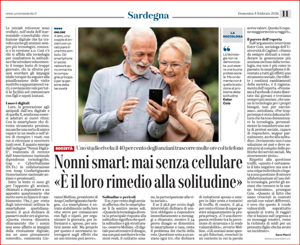 Ieri su <a href="/UnioneSarda/">L'Unione Sarda</a> l'articolo sullo studio realizzato in collaborazione con <a href="/anapconfartigi1/">Anap Confartigianato</a>  anche in #Sardegna sull'uso degli #smartphone da parte degli #anziani. #ANAP #Confartigianato <a href="/confartigianato/">Confartigianato</a>