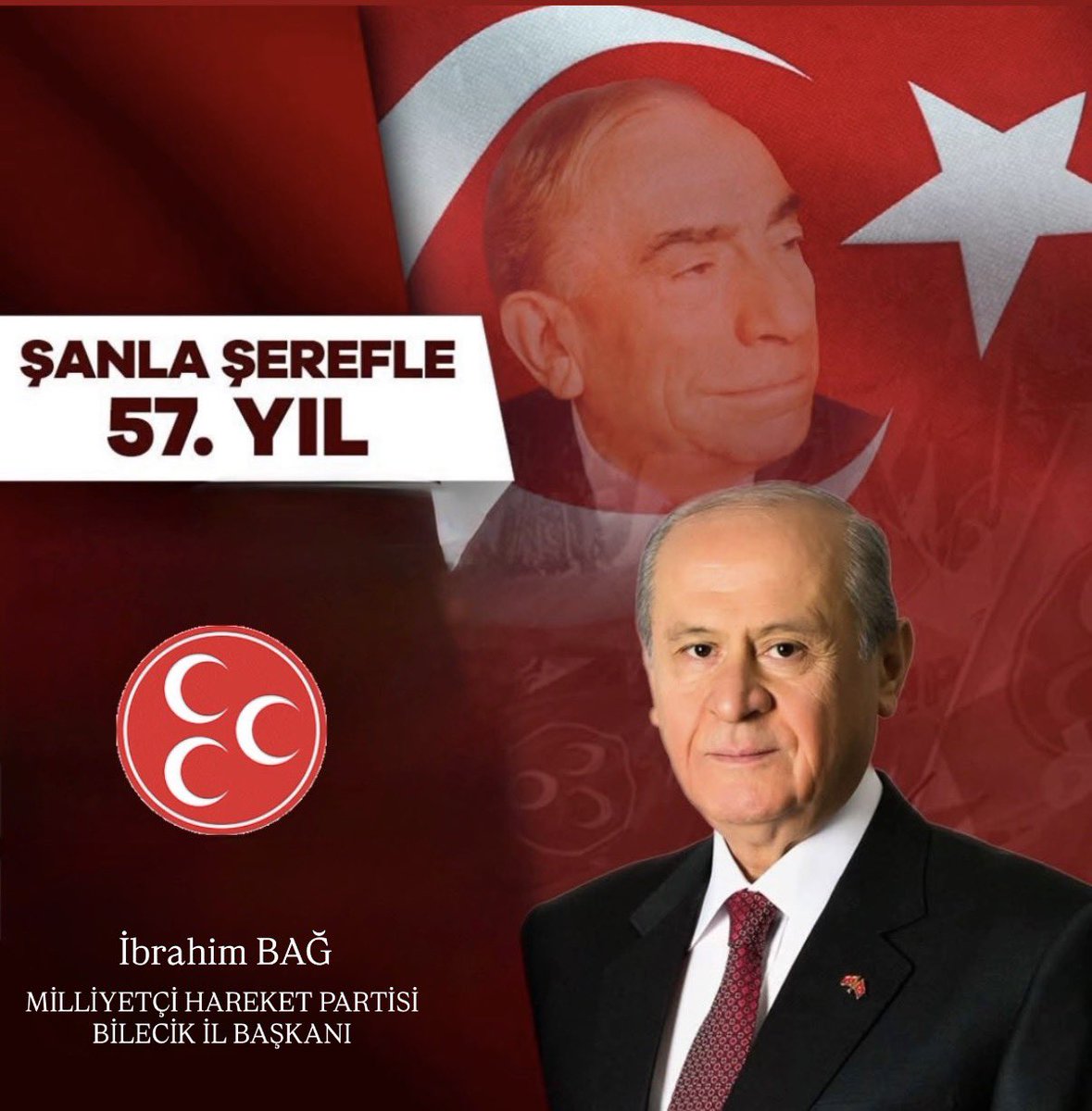 MHP 57. kuruluş yıl dönümünü gurur, şeref ve sorumluluk bilinciyle karşılıyoruz.
Genel Başkanımız Sayın Devlet Bahçeli’nin kararlı iradesi ve milli hassasiyetleri önceleyen liderliği, partimizin bugününe olduğu kadar yarınına da yön vermeye devam edecektir.  <a href="/ibrahimbag11/">İbrahim BAĞ</a>