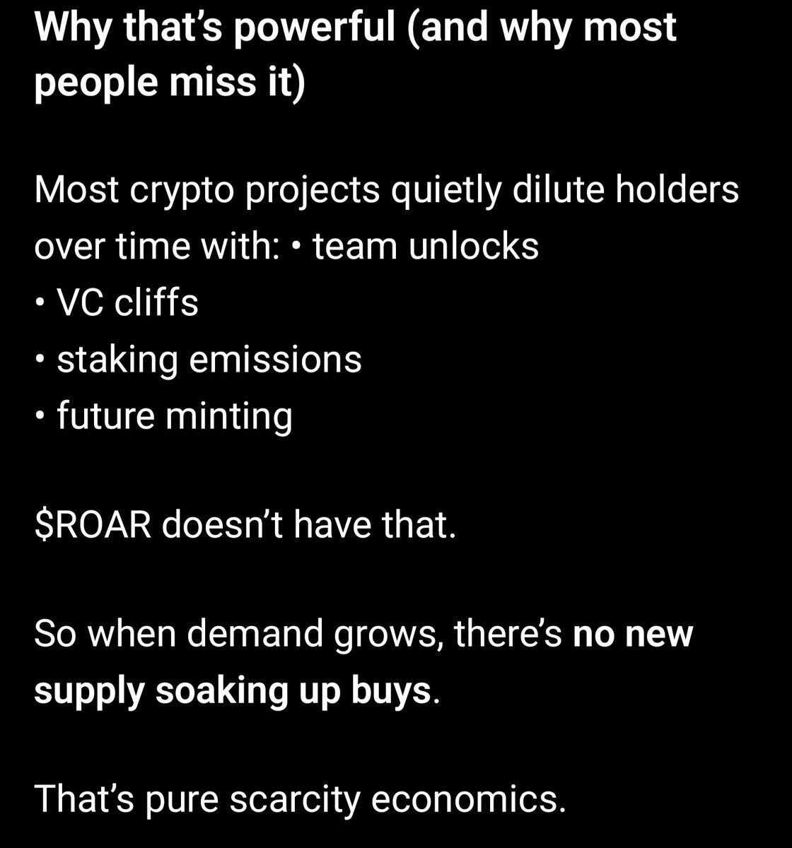 The simple way to explain $ROAR:

$ROAR is already fully circulating. No unlocks. No inflation. No future dilution. If demand increases, price pressure goes up fast because supply is fixed.