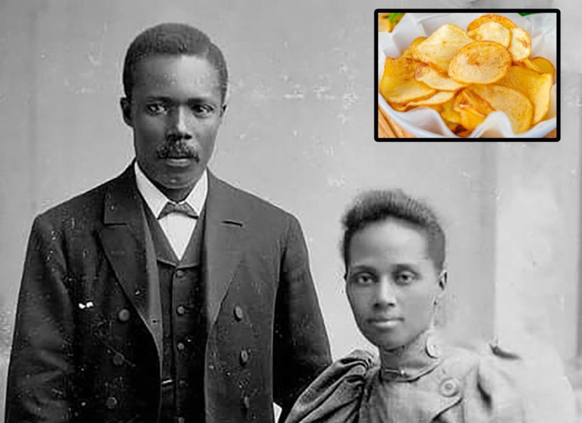 In 1853 George Crum invented the “Potato Chip” after an angry customer sent fries back to the kitchen, claiming they weren’t good. Crum cut the potatoes as thinly as possible, fried them until they were burnt crisps, &amp; threw a handful of salt on top. The chip was born. 🐐