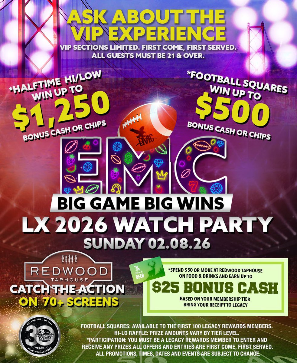 EagleMtnCasino's tweet image. The ONLY Place To Be for Big Game and Big Wins! Who are you picking Seattle, New England or Bad Bunny??

@_dj_richie_rich_ in the mix after the game in The Redwood Taphouse!

@djnoevallejo in the mix, 7pm-10pm at The Switchback Lounge!

#EMCThePlaceToBe #Superbowl