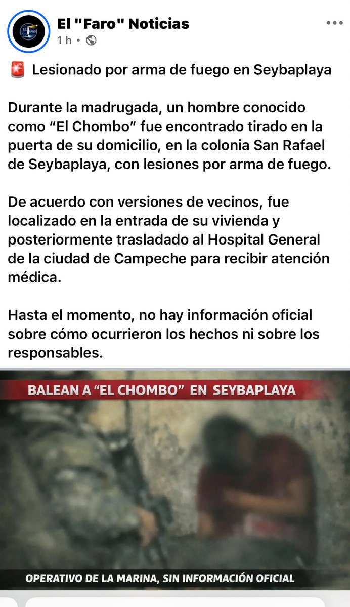 jroropez's tweet image. Un hombre fue baleado en la madrugada en el municipio de Seybaplaya,Campeche. Lo trasladaron vivo al hospital general en la capital del Estado. 
Información El Faro Noticias.