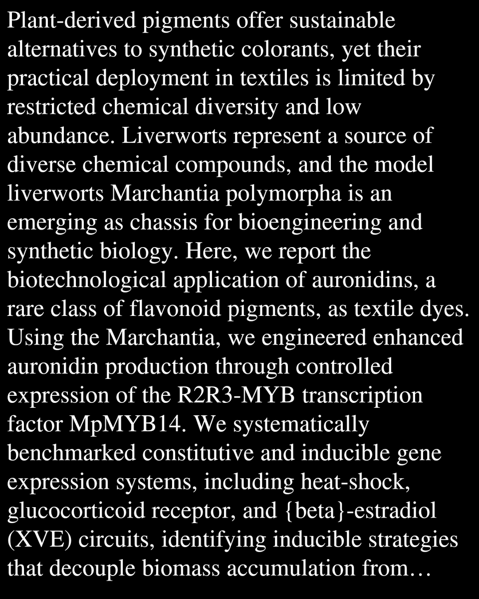 Engineering auronidin production in Marchantia polymorpha enables a new class of plant-derived textile pigments

Lormet, A., Haseloff, J., Romani, F.
biorxiv.org/content/10.648…