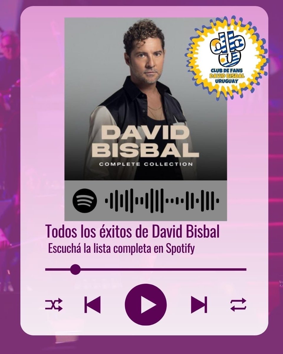 FCDavidBisbalUY's tweet photo. No pares de escuchar la discografía de @davidbisbal en la playlist #davidbisbalcompletecollection en @spotify 

@umuruguay @umargentina @universalspain 
#david #bisbal #davidbisbal #spotify #playlist #completecollection #discografia #musica #españa #uruguay https://t.co/UUIYZEXsLG
