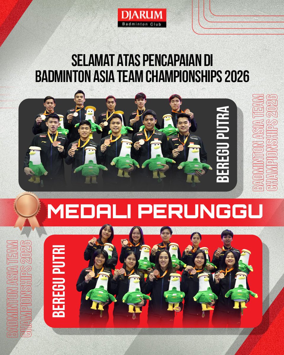 Selamat dan terima kasih untuk tim putra dan putri Indonesia, atas perjuangan dan pencapaiannya di #BATC2026! 🇮🇩👏🎉

Semoga jadi pengalaman yang berguna buat bangkit lebih keren di turnamen berikutnya, yah! 🙏

#tournament #TeruskanSemangatJuara #PBDjarumofficial #PBDjarum