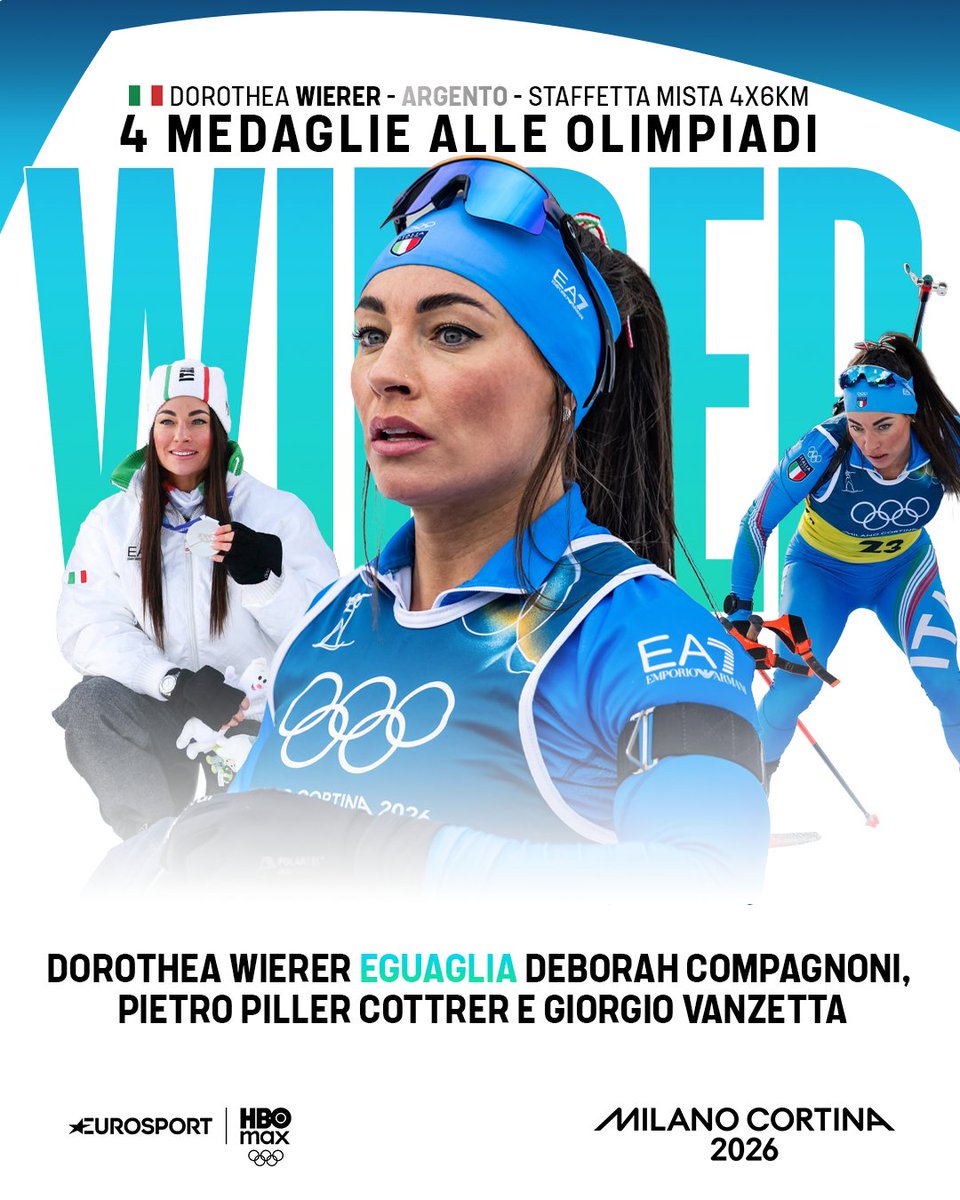 Eurosport_IT's tweet photo. INFINIT4️⃣ DOROTHEA ✨🇮🇹

Con l'argento nella staffetta mista, Wierer si mette al collo la quarta medaglia individuale che le permette di eguagliare i podi olimpici di Deborah Compagnoni Pietro Piller Cottrer e Giorgio Vanzetta!

Trovate un aggettivo per questa campionessa 💙

#MilanoCortina2026 #Olimpiadi #Olympics