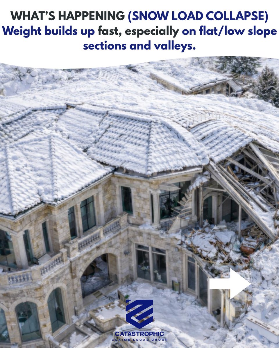 CatClaimsLegal's tweet photo. ❄️ Roof collapse risk builds fast after heavy snowfall.
Flat roofs, add-ons &amp; older structures are most vulnerable.
Warning signs: creaks, sticking doors, sagging ceilings, new leaks.
First 12 hrs matter: document → mitigate → save proof. https://t.co/kLGjQWiZyp