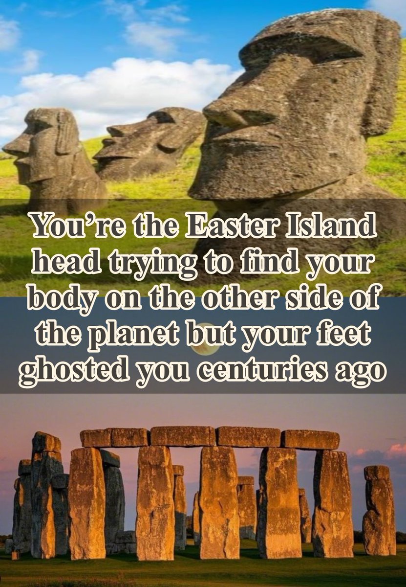 ralienator's tweet photo. Still looking for my other half… 😭🪨 #EasterIsland #Stonehenge #RockProblems https://t.co/t9AoSpnNoA
