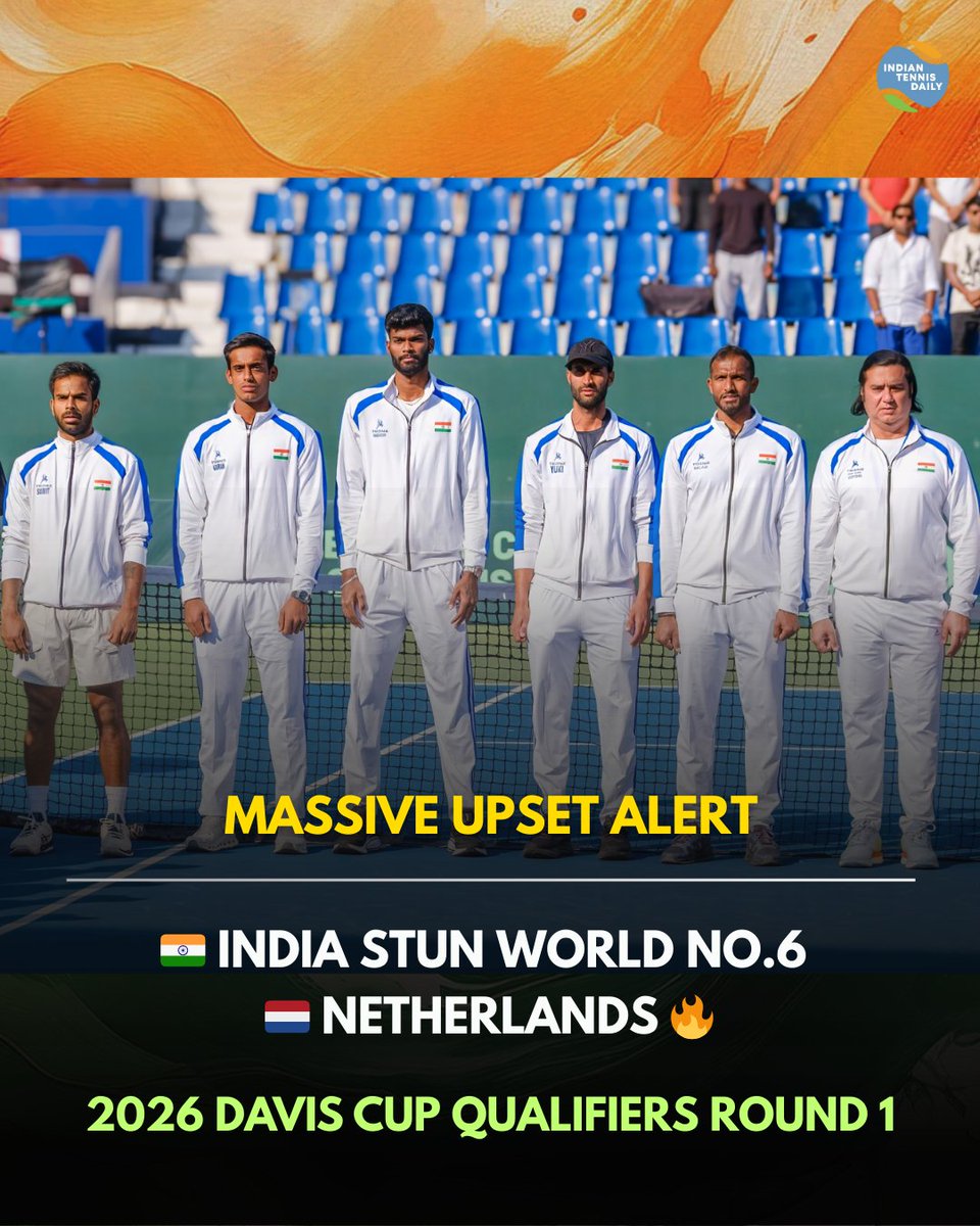 🇮🇳 India, ranked 33rd in the world, pull off a massive upset against World No.6 and 2024 finalists 🇳🇱 Netherlands in the Davis Cup Qualifiers Round 1 🔥

Our team beat higher ranked players in all matches to take home the victory 3-2

With this win, India is through to the Davis
