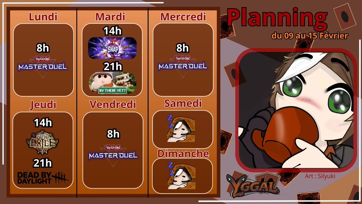 Suite de la saison 50 sur Yu-Gi-Oh Master Duel avec le deck Forêt Blanche
Découverte d'un nouveau jeu de carte: Marvel Snap
Mardi soir RV There Yet? avec la team du Mardi
Jeudi découverte de Path of Exile et soirée Dead by Daylight
#vtuber #vtuberfr #twitch