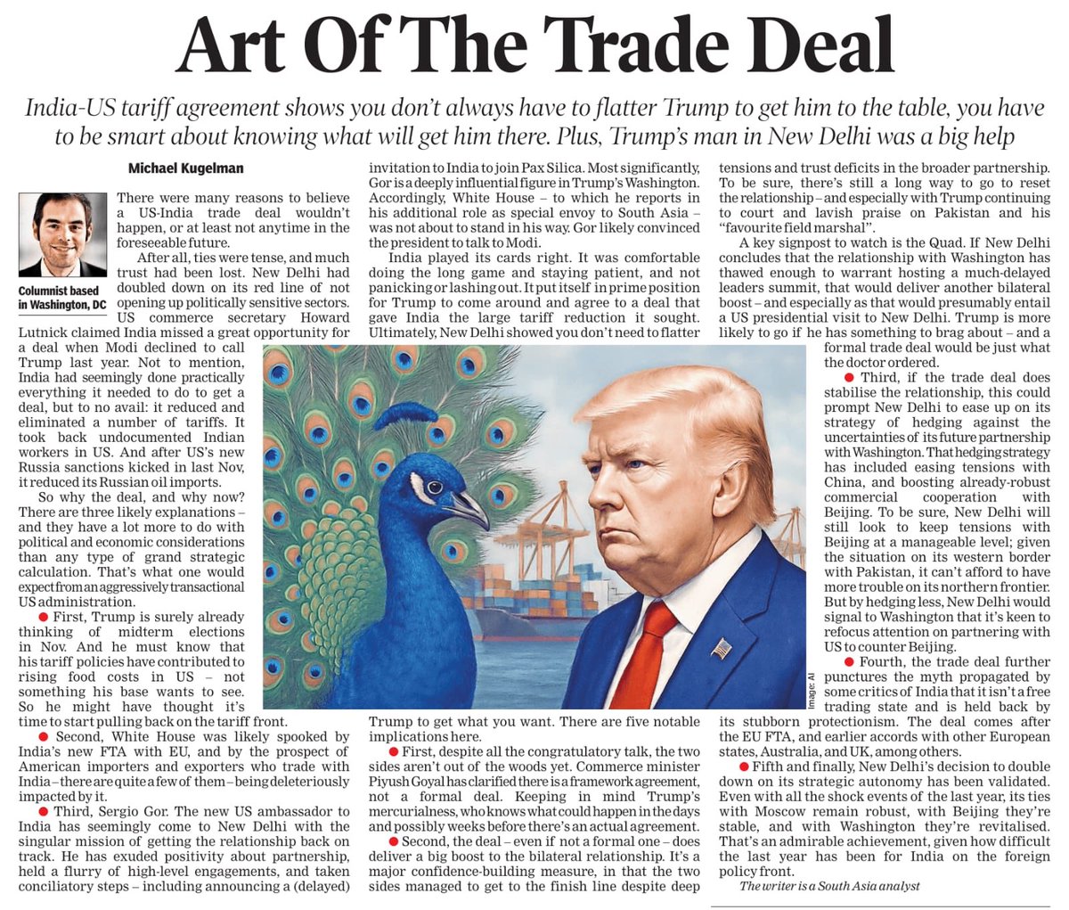 In a new essay for <a href="/timesofindia/">The Times Of India</a>, I discuss the implications for India of its trade deal w/the US-in terms of US-India, China, strategic autonomy, and myths about India’s trade policy.

Ultimately, I argue, New Delhi “showed you don’t need to flatter Trump to get what you want.”