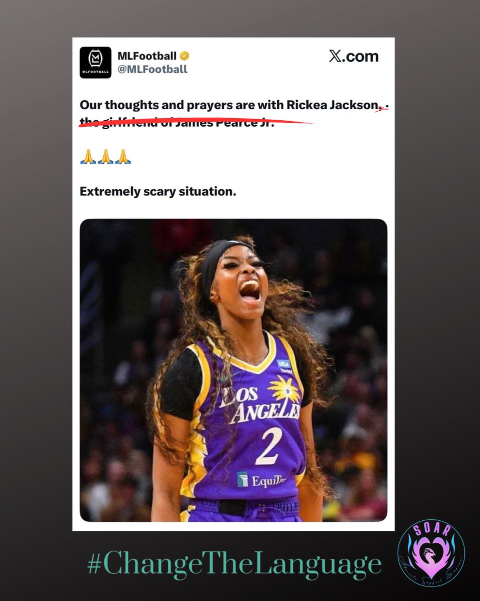 SOAR_Canada's tweet photo. WNBA player Rickea Jackson is named only in her relation to James Pearce Jr.
Headline centres on his status & alleged violence against police & sidelines the alleged violence against her, including reports he rammed her car to stop her reaching police.
#ChangeTheLanguage 🩵💜💙 https://t.co/ZyAipgcKGi