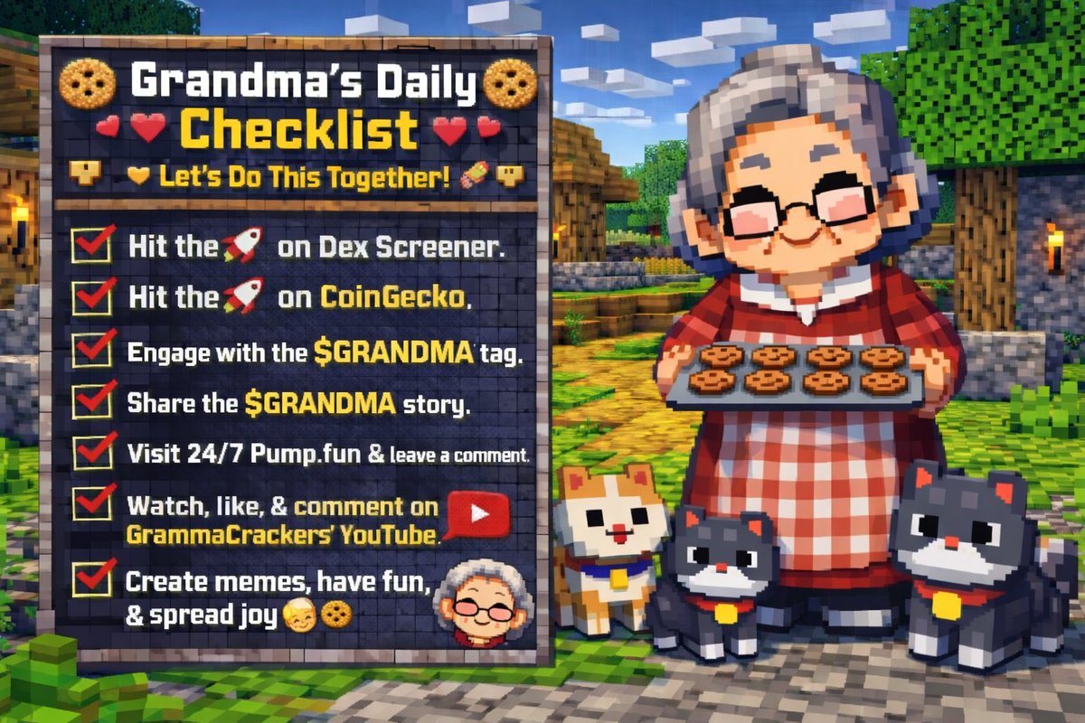 GM – $GRANDMA morning everyone! 🍪☀️

Happy Sunday my loves. 🫶👵🏻

Make grandma proud this week and remember to complete the following daily:

🚀 Hit the rocket on DexScreener
🚀 Hit the rocket on CoinGecko
🏷 Engage with the $GRANDMA tag
📖 Share the $GRANDMA story
💬 Visit