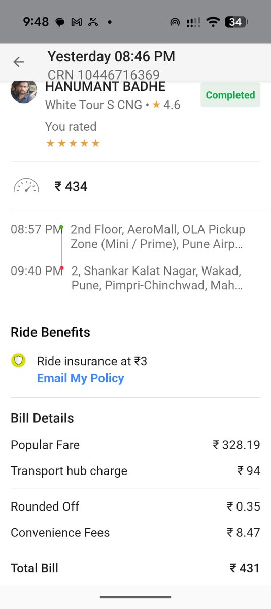 ConnectVinayP's tweet photo. 2/2 I paid the amount despite calling police (CFS34163104).Trip &amp; driver details attached. @olacabs @bhash  Request refund of ₹261 and immediate suspension of the driver from ola platform. @PuneCityPolice @PuneCityTraffic  This is a public safety issue. https://t.co/2Iq9JKbM7E