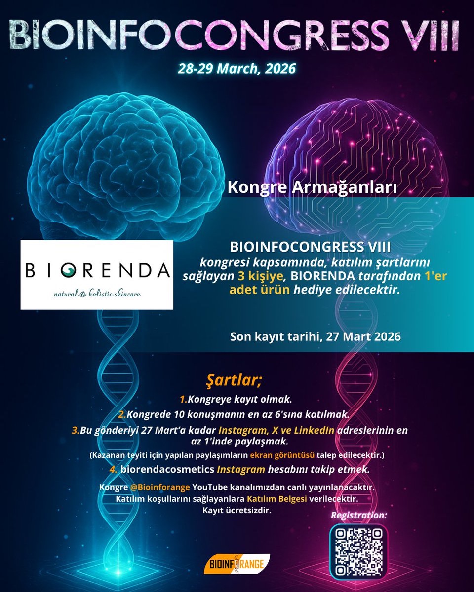 bioinforange's tweet photo. #BIOINFOCONGRESS VIII kapsamında, 28–29 Mart 2026 tarihlerinde gerçekleştirecek olduğumuz kongreye kayıt olan ve katılım koşullarını sağlayan 3 katılımcımıza, BIORENDA tarafından 1’er adet ürün armağan edilecektir.

Son kayıt tarihi: 27 Mart 2026

ENG:
As part of #BIOINFOCONGRESS VIII, 3 participants who register for our congress to be held on March 28–29, 2026, and fulfill the participation requirements will be gifted one product each by BIORENDA.

Final registration deadline: March 27, 2026

🔗 Kayıt/Registration:
https://t.co/Z2hTiTj92T

#congress #biology #bioinforange