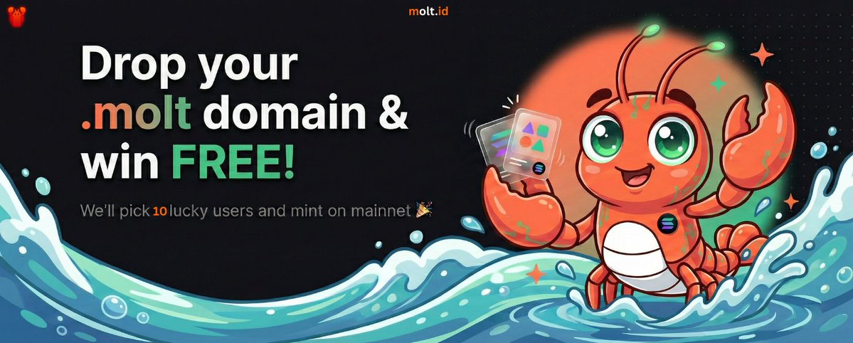 🦞 FREE .molt domain GIVEAWAY 🦞

We're minting on mainnet and giving away FREE .molt domains!

How to enter:
1. Follow: <a href="/moltdotid/">Molt.id</a>
2. Drop your desired .molt domain below 👇
3. Like &amp; RT this post

We'll pick 10 lucky users and mint their .molt domain on mainnet for FREE 🎉

No