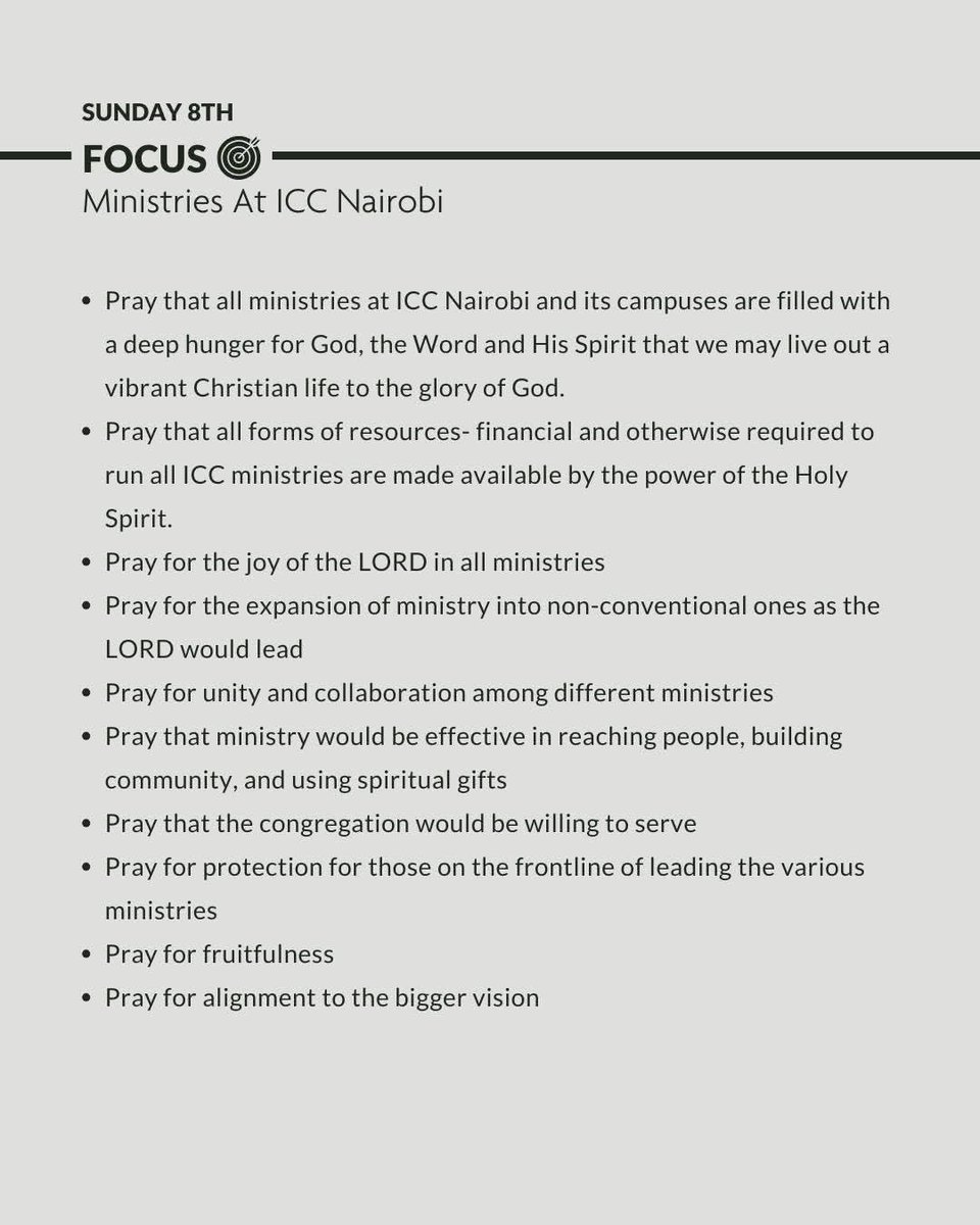 icckiserian's tweet photo. Sunday 8th | Day 35: Ministries At ICC Nairobi

Today we lift up every ministry within ICC Nairobi and across all our campuses, praying that they are filled with a deep hunger for God, His Word, and His Spirit to lead a vibrant Christian life. https://t.co/IsjOxV8IP2