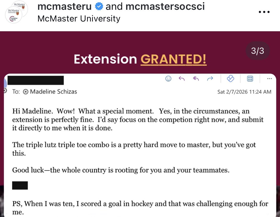 For those who have been following #Halton’s Madeline Schizas requesting an extension on a sociology assignment *because she’s at the Olympics*… 

Extension granted! 

<a href="/McMasterU/">McMaster University</a> #HamOnt