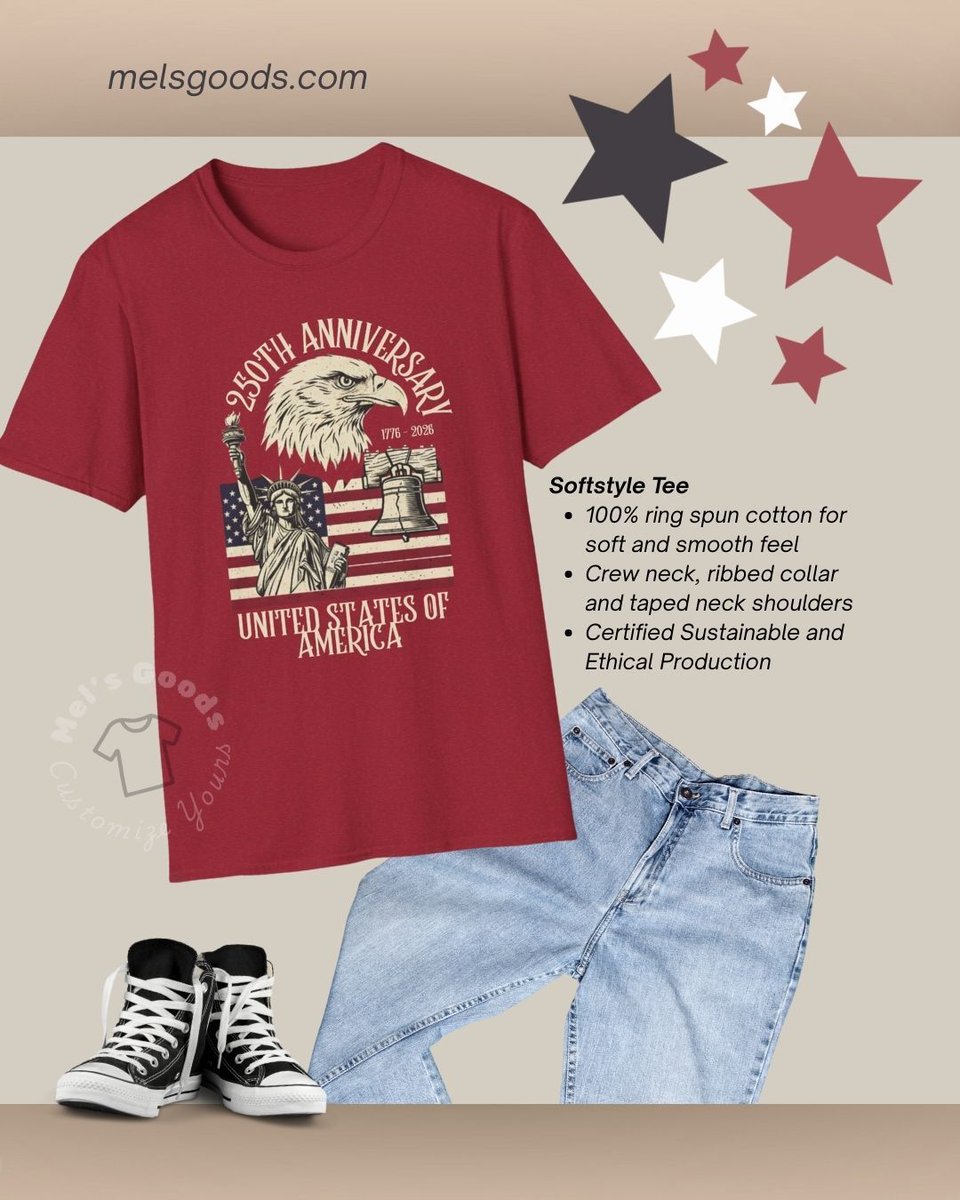 melsgoods's tweet image. Posting another favorite for Presidents Day! 🇺🇸 This tee is a classic for any patriotic wardrobe. it’s the perfect way to celebrate our heritage in style. Check it out at melsgoods.com #melsgoods #customizeyours #presidentsday #250thanniversary
