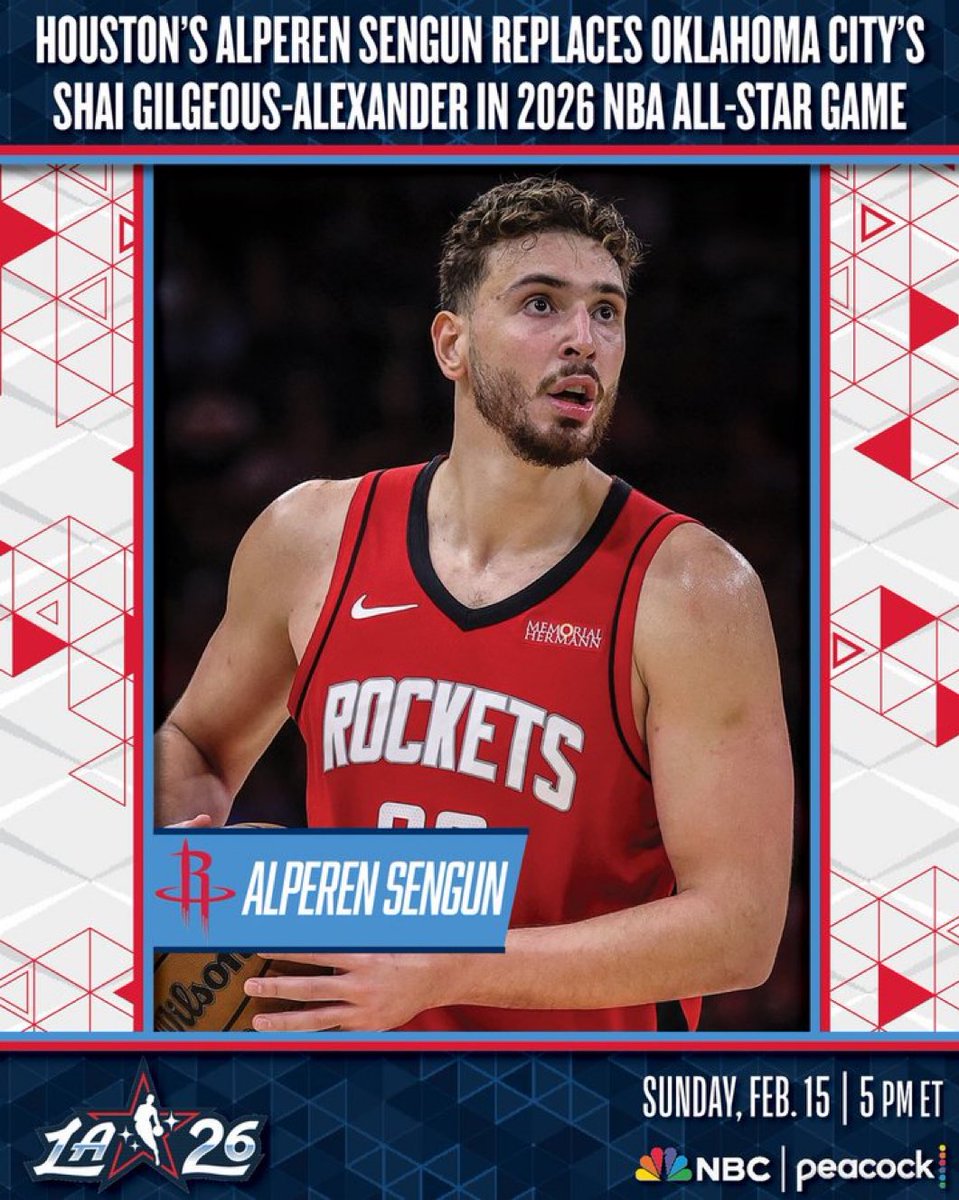 Congratulations to Alperen Sengun who was named to his second All Star game. Replacing Shai Gilgeous-Alexander.