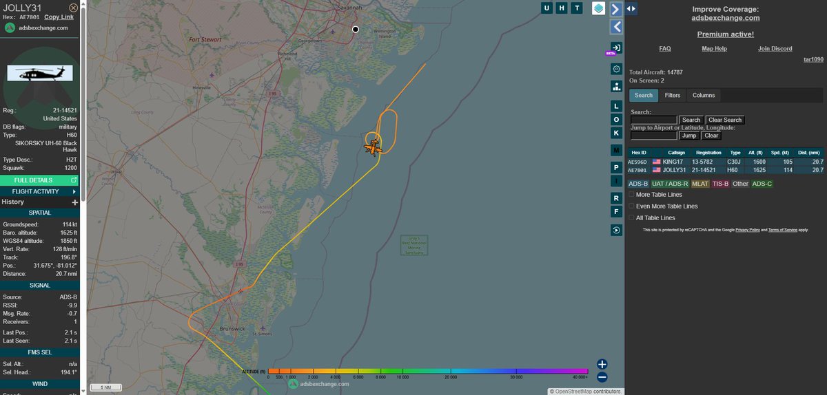 Unusual for a Sunday: JOLLY 31 (HH-60W, 21-14521, 305th RQS) aerial reufeling with KING 17 (HC-130J, 13-5782, 71st RQS) near Savannah, GA on 363.900.