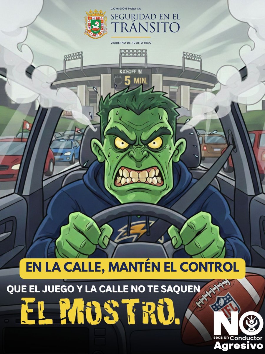 🏈🔥 Día de Súper Bowl
Disfruta el medio tiempo, vacila con los tuyos y mantén el control al guiar.
Que la emoción del juego no te saque el monstruo en la calle.
🚗💨 No seas un conductor agresivo.
#NoSeasUnConductorAgresivo #SeguridadVial