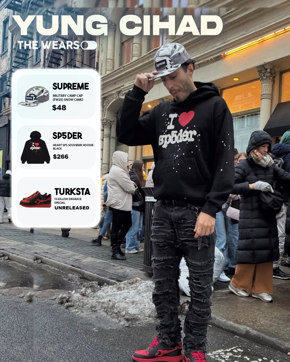 thewearson's tweet image. FIT CHECK ! | 👔 @yungcihad 

SUPREME - Military Camp Cap (FW25) Snow Camo 
$48 (2.093 ₺)

SP5DER - Heart SP5 Souvenir Hoodie Black
$266 (11.600 ₺)

TURKSTA - 13 Killoki Special Edition 
Red / Black 
Unreleased

#TheWearsOn #Fashion #DRIP