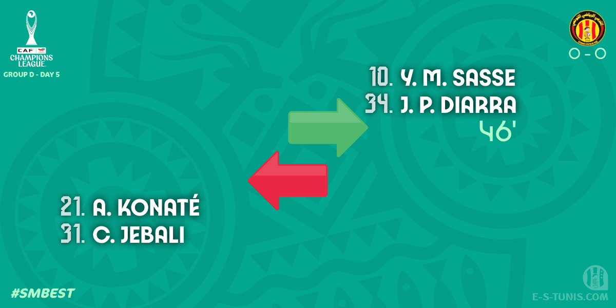 ESTuniscom's tweet photo. ⏱ 47' | #TotalEnergiesCAFCL Gr D. Day 5 #SMBEST | 🇲🇱@blancsdebamako 0⃣-0⃣ @ESTuniscom🇹🇳 : 🔁 Substitute (EST): Y. M. Sasse, J. P. Diarra IN ↔ C. Jebali, A. Konaté OUT / تغيير / Changement https://t.co/7l1NI9AoiT