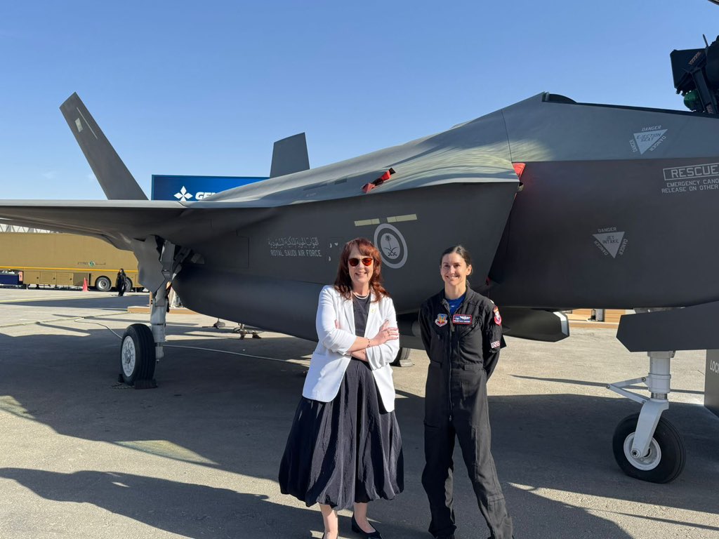 USAinKSA's tweet photo. CDA Alison Dilworth toured the American equipment, including the F-35, at the @WDS_KSA, highlighting American leadership in defense technology. The F-35 exemplifies American excellence, innovation, and our commitment to advancing security and partnership in the region and the world.
#SaudiWorldDefenseShowcase, #WDS26, #PartnerForStrength.
@usairforce @DeptofWar