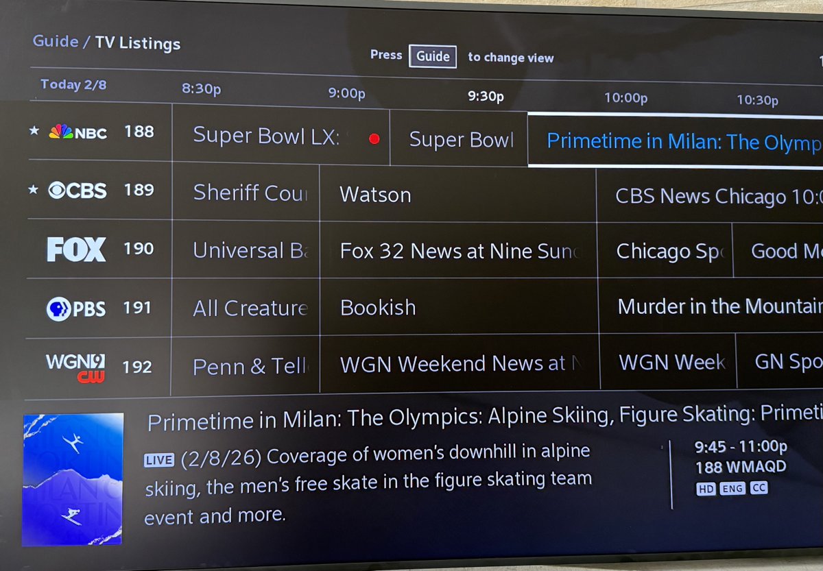Consider that ⁦<a href="/nbc/">NBC Entertainment</a>⁩ is making the choice today to show 6 hours of Super Bowl pregame instead of the Olympics. Coverage in Italy resumes 10 hrs later of Skiing, Skating, and Snowboard prev recorded. the biz sure but still wow. #olympics #superbowl ⁦<a href="/NBCSports/">NBC Sports</a>⁩