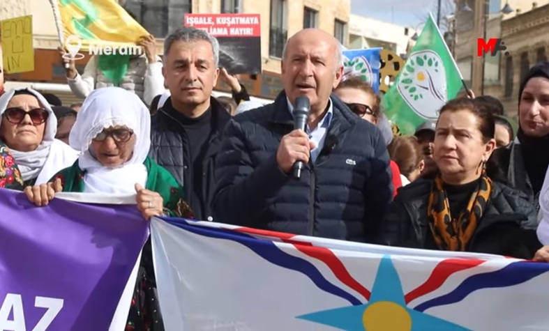 SyriacPress's tweet image. TUR ABDIN: Images from today's protest in Medyad in support of brotherhood between #Syriacs, #Yazidis, #Arabs, #Kurds in #Syria, and for peace and democracy in the Gozarto (Jazira) region. With participation of the Bethnahrin Women's Union, DEM Party MPs George Aryo and Kamuran