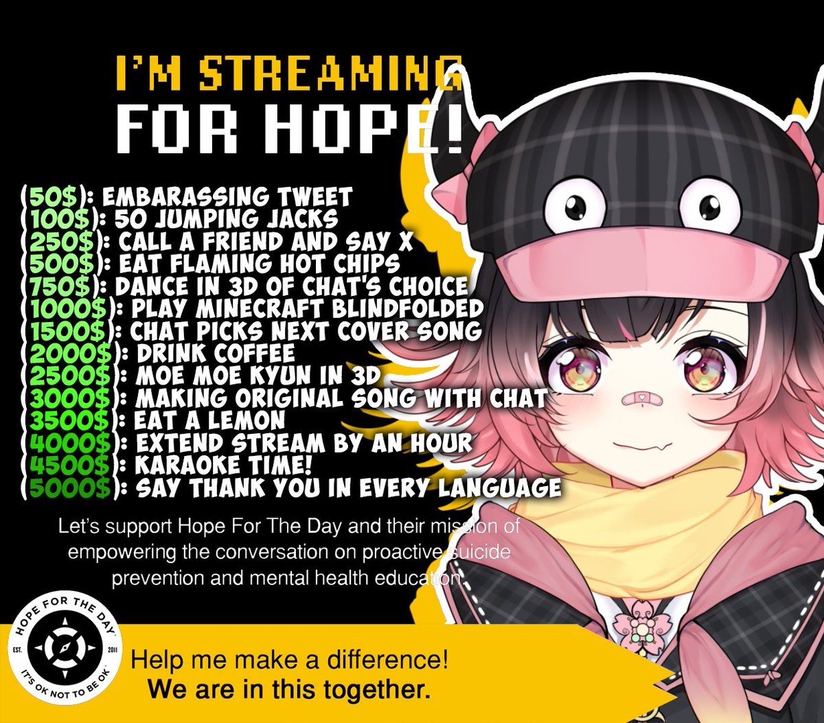 Fraiki's tweet image. I'm looking to raise 5000$ to support @HopeForTheDay , going towards proactive mental health support.

LET'S MAKE A DIFFERENCE TODAY!
💛LIVE! twitch.tv/fraiki

#StreamingForHope #HFTD