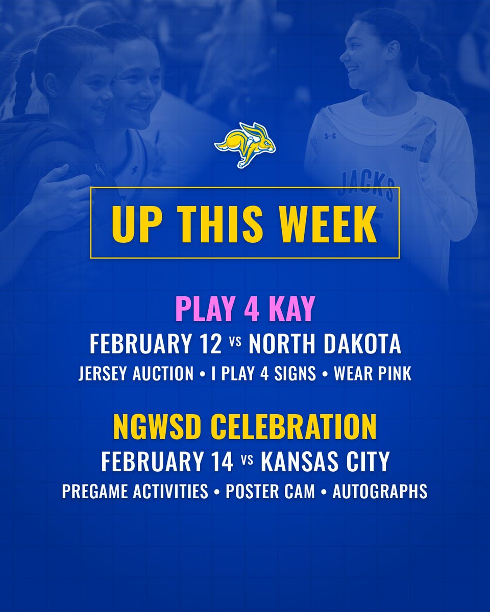 GoJacksWBB's tweet photo. Up next ➡️ 2 of our favorite days of the year! 

Thursday » #Play4Kay vs. UND
Saturday » NGWSD vs. KC

#GoJacks 🐰 https://t.co/EiCAngtQDa
