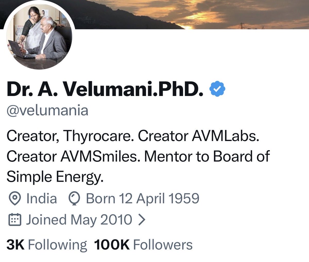 My wife, Late Mrs. Sumathi Velumani said I should be in
 
80s a Villian in movies. 
90s a Lawyer in Supreme Court. 
00s a Story Teller. 
10s a motivator in social media. 

She opened a twitter account for me. 

We celebrated 1K, 5K, 10K followers. 

Now it is 100K. 
How will I