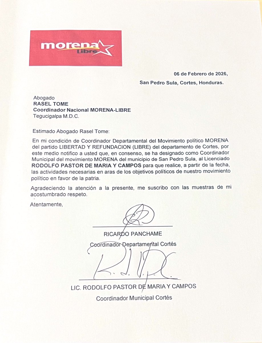 Agradezco la confianza del coordinador nacional de <a href="/MorenaLibreHN/">Morena Libre</a> , <a href="/raseltome/">Rasel Tome</a> y el coordinador departamental en Cortés <a href="/PanchameRicardo/">Ricardo Panchame</a>, para seguir sumando junto a <a href="/SomosMasHn/">Somos+</a> desde la coordinacion municipal a este proyecto de unidad del <a href="/PartidoLibre/">Partido Libre</a> para el rescate de SPS 💪🏾.