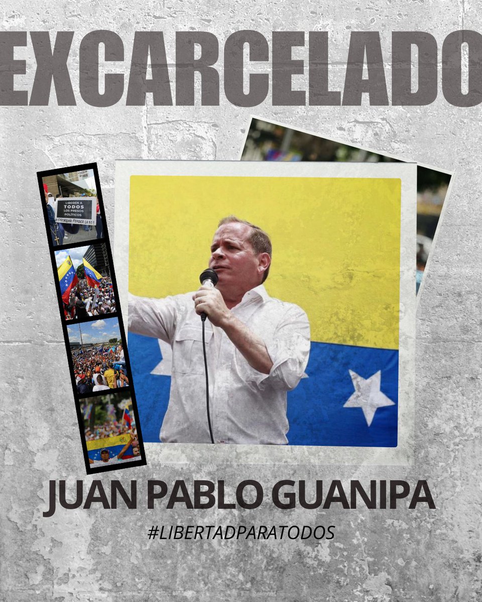 #URGENTE | Hasta el momento podemos confirmar la excarcelación de:   

Juan Pablo Guanipa

Las excarcelaciones parciales no son un favor. Son una obligación del Estado frente a crímenes que nunca debieron ocurrir.  

Es importante recalcar que en Venezuela la cifra de presos