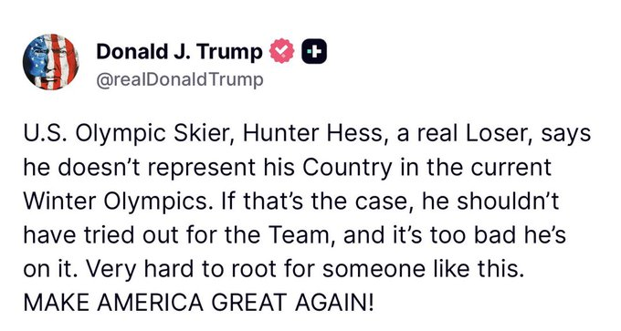Dopo le parole di Hunter Hess, che ha detto di non rappresentare tutto quello che succede negli USA, Trump lo chiama "perdente" e dice: "È un peccato che sia nella squadra".  
Ora alcuni influencer MAGA chiedono di rimuoverlo dal team.
Questo è ciò che chiamano "free speech"
