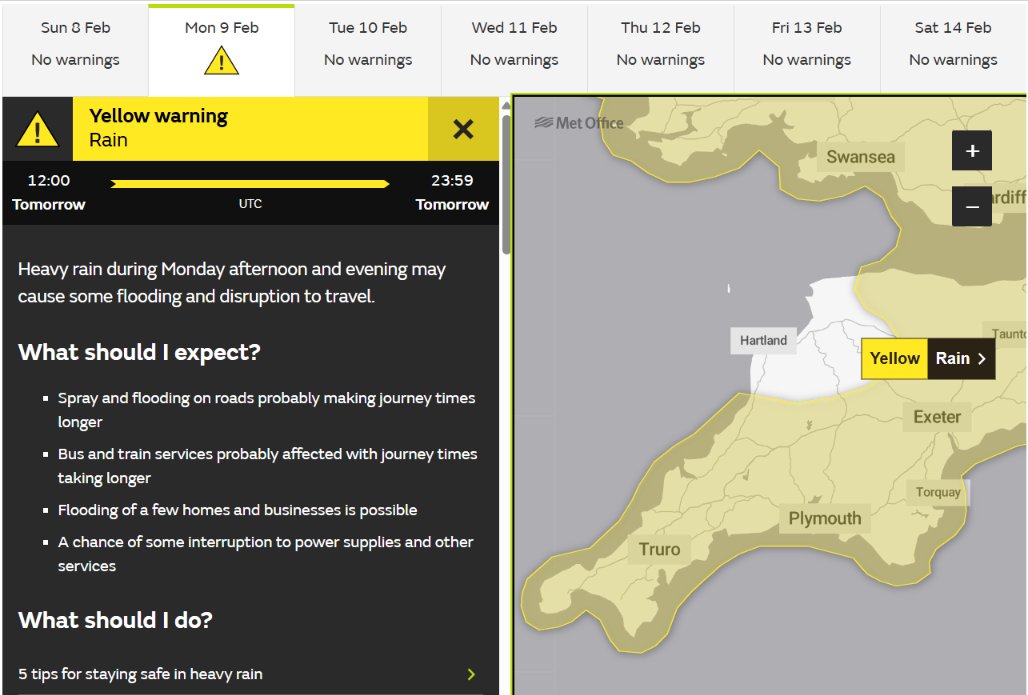 west_devon_info's tweet photo. The @metoffice has issued yet another warning for heavy rain tomorrow afternoon and evening.

There are plenty of flood warnings further east, but currently the only flood alerts across Devon &amp; Kernow are for West Cornwall rivers, the River Teign and the Middle Exe:

#WestDevonWx https://t.co/Ihjpy0yzdE
