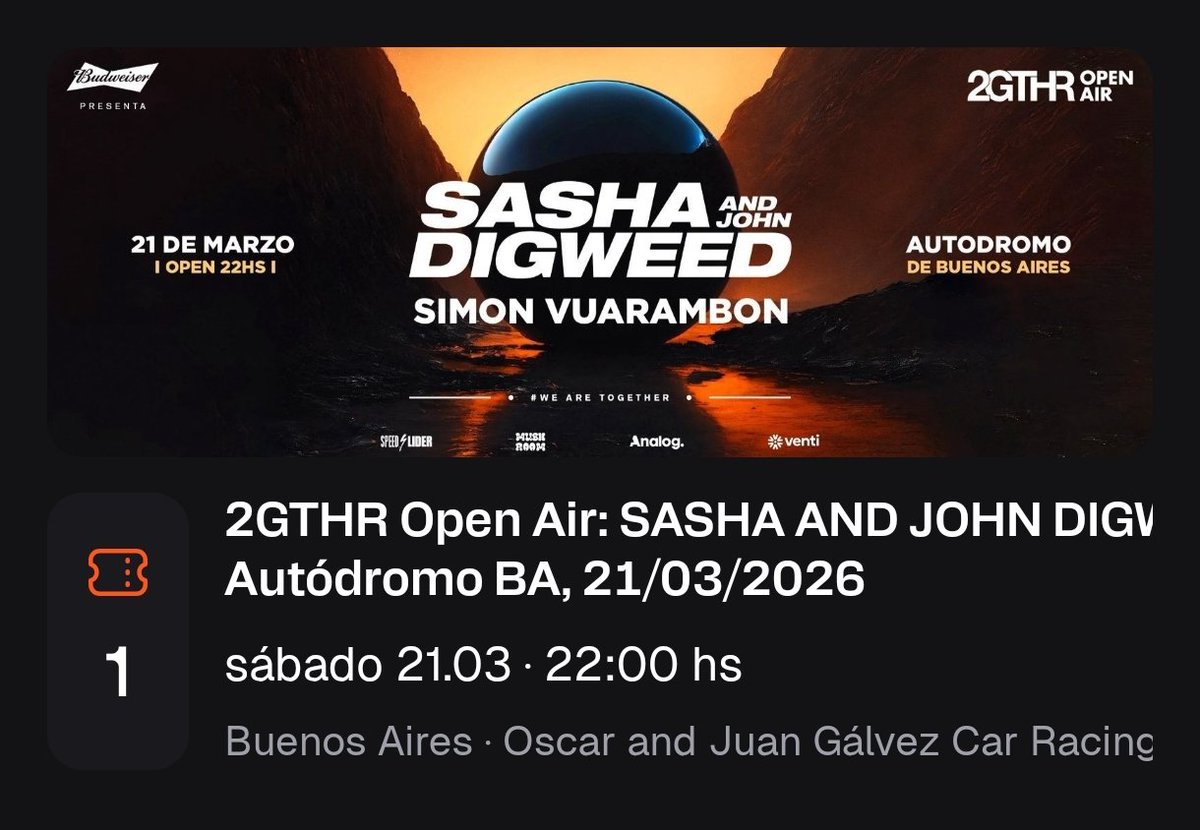 Vendo entrada para SASHA AND JOHN DIGWEED para el 21 de marzo.
Interesados DM
