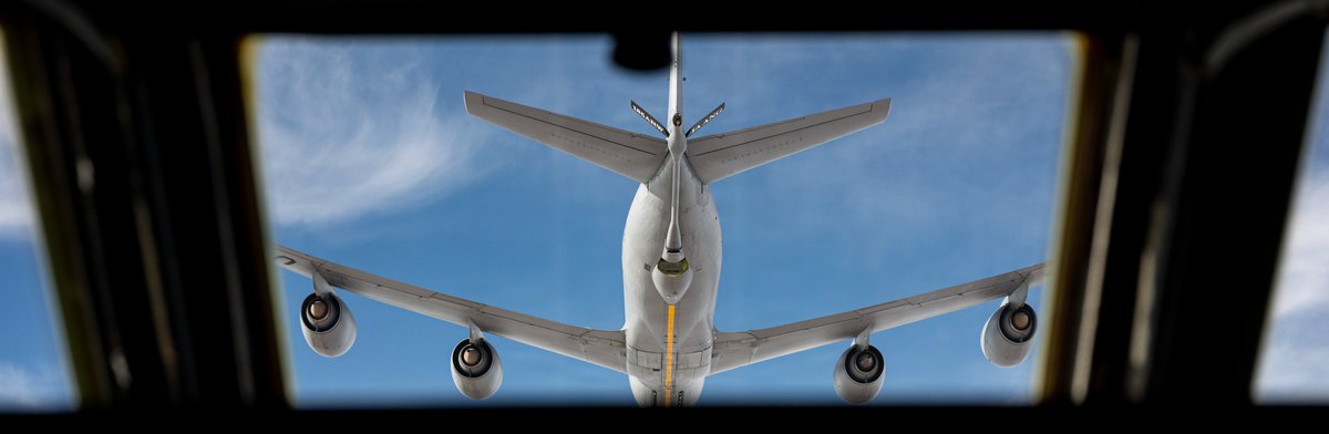 CENTCOM's tweet image. The KC-135 Stratotanker helps U.S. Air Force pilots fly farther and stay longer in the air. They can transfer over 200,000 pounds of fuel before landing. One crewmember, known as a boom operator, is stationed in the rear of the plane and transfers the fuel to other aircraft