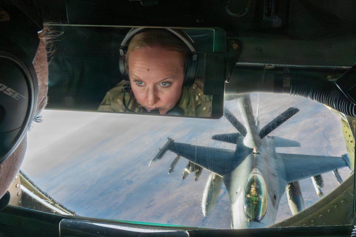 CENTCOM's tweet image. The KC-135 Stratotanker helps U.S. Air Force pilots fly farther and stay longer in the air. They can transfer over 200,000 pounds of fuel before landing. One crewmember, known as a boom operator, is stationed in the rear of the plane and transfers the fuel to other aircraft