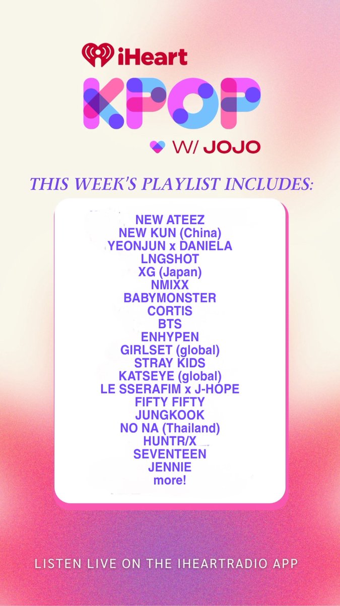 Tonight 6-8PM (pst) <a href="/1027KIISFM/">102.7 KIIS FM</a> 🎶 #ATEEZ #KUN #Yeonjun #Daniela #LNGSHOT #XG #NMIXX #Babymonster #Cortis #BTS #Enhypen #Girlset #StrayKids #Katseye #LeSserafim #JHope #FiftyFifty #Jungkook #NoNa #Huntrx #Seventeen #Jennie more! 🫶🏻 Listen: KIISFM.com/LISTEN