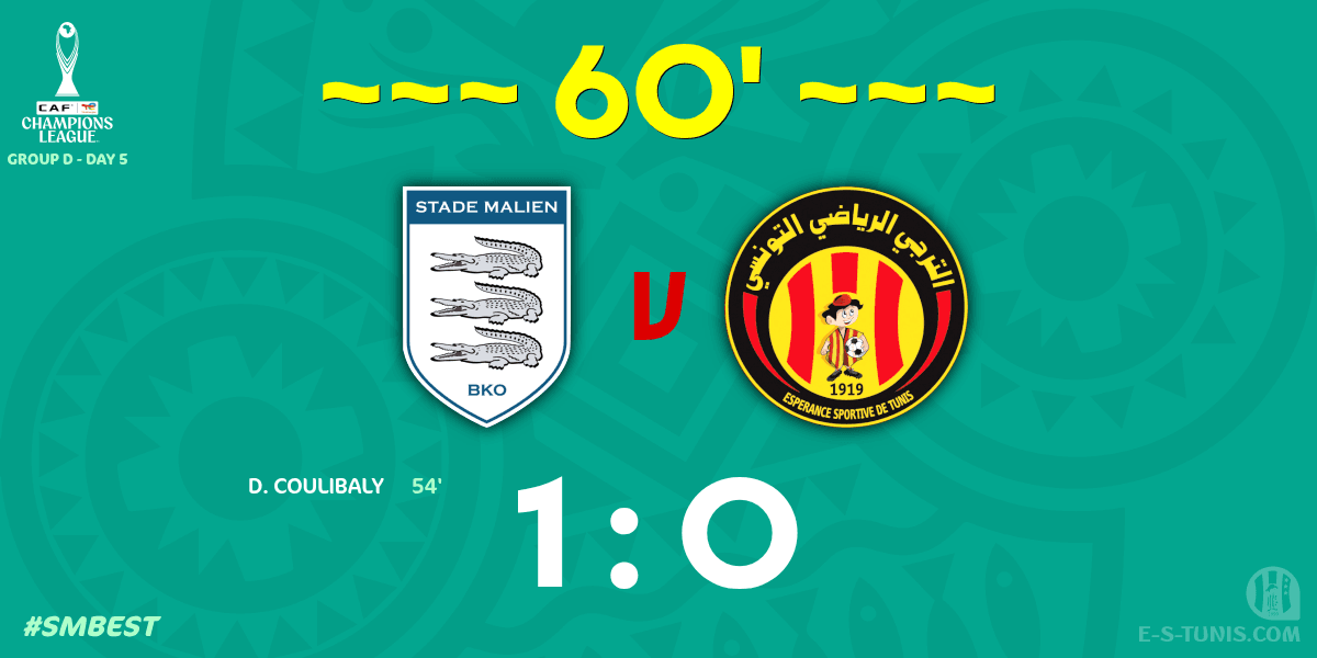 ESTuniscom's tweet photo. ⏱ 62' | #TotalEnergiesCAFCL Gr D. Day 5 #SMBEST | 🇲🇱@blancsdebamako 1⃣-0⃣ @ESTuniscom🇹🇳 : Score reminder / تذكير بالنتيجة / Rappel du score https://t.co/toOLTjnhLa